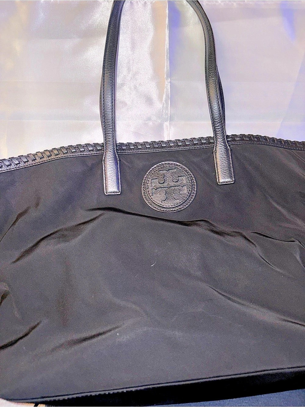 NWOT NEVER USED Tory Burch Ella Recycled Nylon Tote Blackand Tory earrings